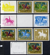 Equatorial Guinea 1972 Munich Olympics (5th series) 3-Day Eventing 3pts (St Cyr on Master Rufus) set of 11 imperf progressive proofs comprising the 6 individual colours plus composites of 2, 3, 4, 5 and all 6 colours, a superb gro……Details Below