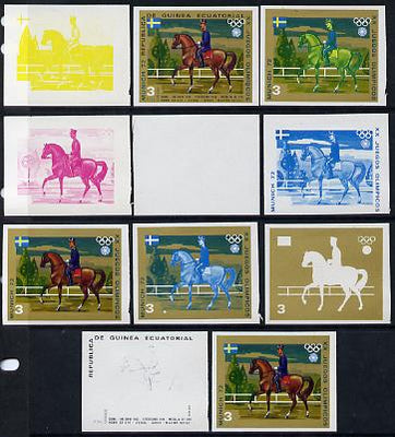 Equatorial Guinea 1972 Munich Olympics (5th series) 3-Day Eventing 3pts (St Cyr on Master Rufus) set of 11 imperf progressive proofs comprising the 6 individual colours plus composites of 2, 3, 4, 5 and all 6 colours, a superb gro……Details Below