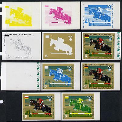 Equatorial Guinea 1972 Munich Olympics (5th series) 3-Day Eventing 5pts (Hans Winkler on Halla) set of 11 imperf progressive proofs comprising the 6 individual colours plus composites of 2, 3, 4, 5 and all 6 colours, a superb grou……Details Below