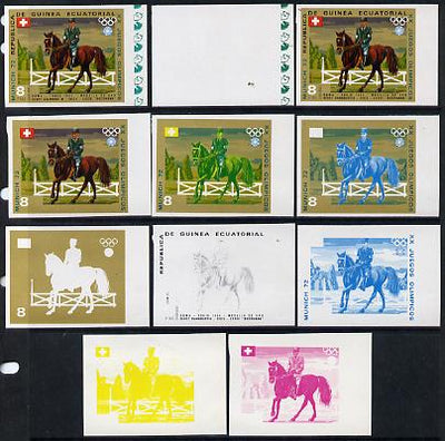 Equatorial Guinea 1972 Munich Olympics (5th series) 3-Day Eventing 8pts (Henry Chammartin on Woermann) set of 11 imperf progressive proofs comprising the 6 individual colours plus composites of 2, 3, 4, 5 and all 6 colours, a supe……Details Below