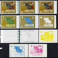 Equatorial Guinea 1972 Munich Olympics (5th series) 3-Day Eventing 15pts (Mauro Checcoli on Sunbeam) set of 11 imperf progressive proofs comprising the 6 individual colours plus composites of 2, 3, 4, 5 and all 6 colours, a superb……Details Below