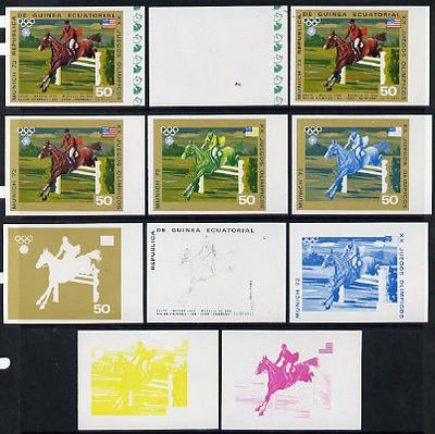 Equatorial Guinea 1972 Munich Olympics (5th series) 3-Day Eventing 50pts (William Steinkraus on Snowbound) set of 11 imperf progressive proofs comprising the 6 individual colours plus composites of 2, 3, 4, 5 and all 6 colours, a ……Details Below
