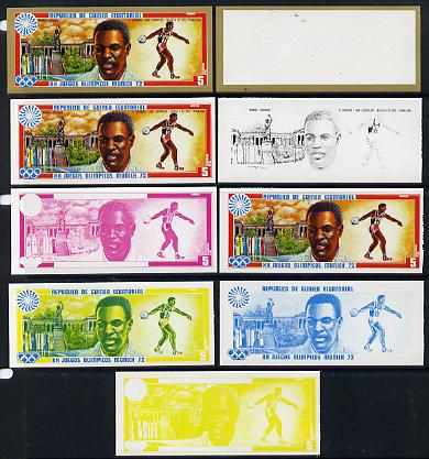 Equatorial Guinea 1972 Munich Olympics (2nd series) Past Champions 5pts (R Johnson) set of 9 imperf progressive proofs comprising the 5 individual colours plus composites of 2, 3, 4 and all 5 colours, a superb and important group unmounted mint (as Mi 84)