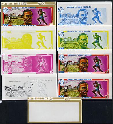 Equatorial Guinea 1972 Munich Olympics (2nd series) Past Champions 15pts (K Keino) set of 9 imperf progressive proofs comprising the 5 individual colours plus composites of 2, 3, 4 and all 5 colours, a superb and important group unmounted mint (as Mi 86)
