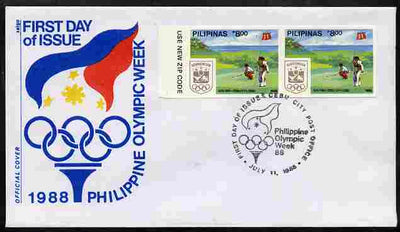 Philippines 1988 Golfing 8p imperf pair on illustrated cover with first day cancel, as SG 2095B