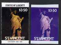 St Vincent 1986 Statue of Liberty Centenary $3.50 die proof in red and blue only on plastic (Cromalin) card ex archives (perf stamp not included)