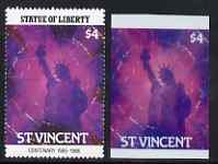 St Vincent 1986 Statue of Liberty Centenary $4 die proof in red and blue only on plastic (Cromalin) card ex archives (perf stamp not included)