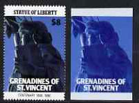 St Vincent - Grenadines 1986 Statue of Liberty Centenary $8 die proof in red and blue only on plastic (Cromalin) card ex archives (perf stamp not included)
