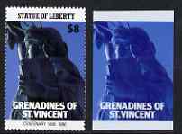 St Vincent - Grenadines 1986 Statue of Liberty Centenary $8 die proof in red and blue only on plastic (Cromalin) card ex archives (perf stamp not included)