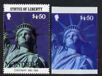 Montserrat 1986 Statue of Liberty Centenary $4.50 die proof in red and blue only on plastic (Cromalin) card ex archives, plus perf stamp