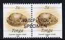 Tonga 1990-92 Green Map Cowrie Shell 5s (from reduced-size Marine Life set) horiz pair (ex booklets) opt'd WSP Ltd SPECIMEN, as SG 1089a (1990 imprint date)