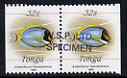 Tonga 1990-92 Powder-blue Surgeonfish 32s (from reduced-size Marine Life set) horiz pair (ex booklets) opt'd WSP Ltd SPECIMEN, as SG 1095a (1990 imprint date)