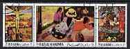 Ras Al Khaima 1970 Paintings by Paul Gauguin perf strip of 3 fine cto used, Mi 392-94