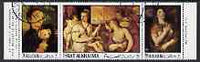Ras Al Khaima 1970 Paintings by Titian perf strip of 3 fine cto used, Mi 368, 70 & 72
