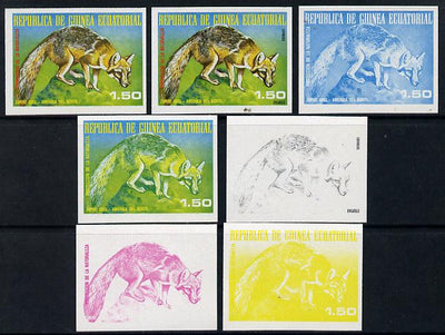 Equatorial Guinea 1977 North American Animals 1e50 (Grey Fox) set of 7 imperf progressive proofs comprising the 4 individual colours plus 2, 3 and 4-colour composites, a superb and important group unmounted mint (as Mi 1240)