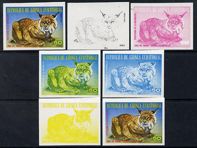 Equatorial Guinea 1977 North American Animals 50e (Lynx) set of 7 imperf progressive proofs comprising the 4 individual colours plus 2, 3 and 4-colour composites, a superb and important group unmounted mint (as Mi 1245)