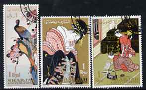 Sharjah 1967 Post Day (Japanese Paintings) perf set of 3 cto used, Mi 350-52*