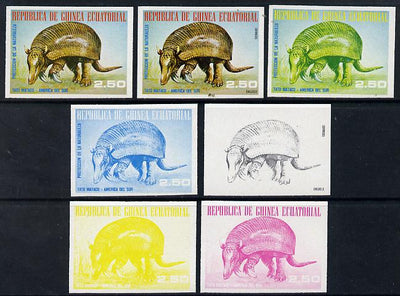Equatorial Guinea 1977 South American Animals 2e50 (Armadillo) set of 7 imperf progressive proofs comprising the 4 individual colours plus 2, 3 and 4-colour composites, a superb and important group unmounted mint (as Mi 1248)