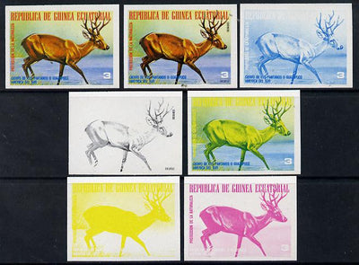 Equatorial Guinea 1977 South American Animals 3e (Reindeer) set of 7 imperf progressive proofs comprising the 4 individual colours plus 2, 3 and 4-colour composites, a superb and important group unmounted mint (as Mi 1250)