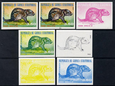 Equatorial Guinea 1977 South American Animals 3e50 (Pacaraná) set of 7 imperf progressive proofs comprising the 4 individual colours plus 2, 3 and 4-colour composites, a superb and important group unmounted mint (as Mi 1251)