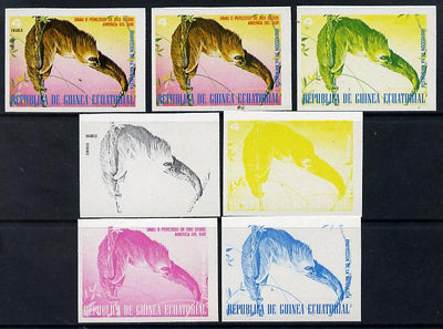 Equatorial Guinea 1977 South American Animals 4e (Sloth) set of 7 imperf progressive proofs comprising the 4 individual colours plus 2, 3 and 4-colour composites, a superb and important group unmounted mint (as Mi 1252)