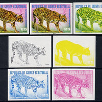 Equatorial Guinea 1977 South American Animals 25e (Ocelot) set of 7 imperf progressive proofs comprising the 4 individual colours plus 2, 3 and 4-colour composites, a superb and important group unmounted mint (as Mi 1253)