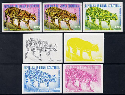 Equatorial Guinea 1977 South American Animals 25e (Ocelot) set of 7 imperf progressive proofs comprising the 4 individual colours plus 2, 3 and 4-colour composites, a superb and important group unmounted mint (as Mi 1253)