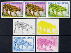 Equatorial Guinea 1977 South American Animals 25e (Ocelot) set of 7 imperf progressive proofs comprising the 4 individual colours plus 2, 3 and 4-colour composites, a superb and important group unmounted mint (as Mi 1253)
