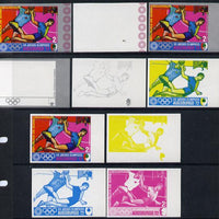 Equatorial Guinea 1972 Munich Olympics (1st series) 2pts (Handball) set of 9 imperf progressive proofs comprising the 5 individual colours (incl silver) plus composites of 2, 3, 4 and all 5 colours, a superb and important group un……Details Below