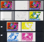 Equatorial Guinea 1972 Munich Olympics (1st series) 2pts (Handball) set of 9 imperf progressive proofs comprising the 5 individual colours (incl silver) plus composites of 2, 3, 4 and all 5 colours, a superb and important group un……Details Below
