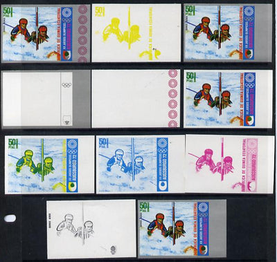 Equatorial Guinea 1972 Munich Olympics (1st series) 50pts (Canoe Slalom 2-man) set of 9 imperf progressive proofs comprising the 5 individual colours (incl silver) plus composites of 2, 3, 4 and all 5 colours, a superb and importa……Details Below
