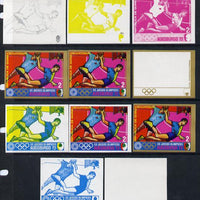 Equatorial Guinea 1972 Munich Olympics (1st series) 2pts (Handball) set of 9 imperf progressive proofs comprising the 5 individual colours (incl gold) plus composites of 2, 3, 4 and all 5 colours, a superb and important group unmounted mint (as Mi 58)