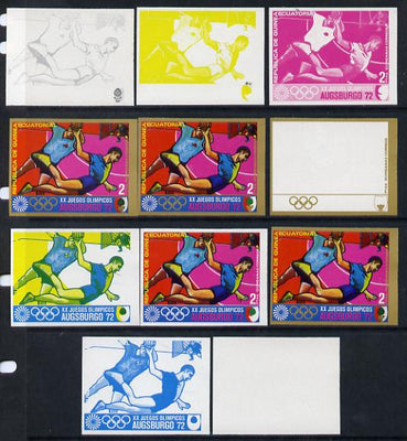 Equatorial Guinea 1972 Munich Olympics (1st series) 2pts (Handball) set of 9 imperf progressive proofs comprising the 5 individual colours (incl gold) plus composites of 2, 3, 4 and all 5 colours, a superb and important group unmounted mint (as Mi 58)