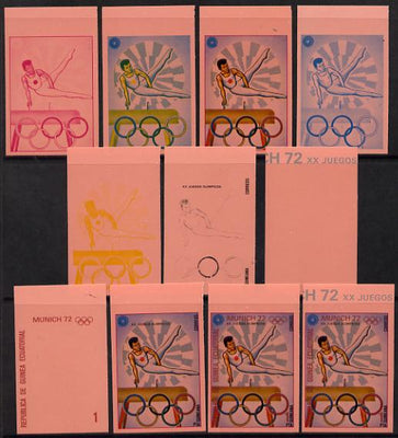 Equatorial Guinea 1972 Munich Olympics (4th series) 1pt (Pommelling) set of 10 imperf progressive proofs on pink paper comprising 5 individual colours, plus various composites, a superb and important group unmounted mint (as Mi 108)