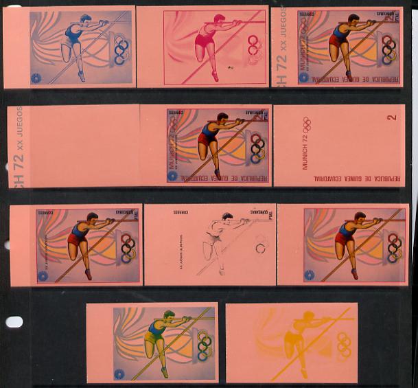 Equatorial Guinea 1972 Munich Olympics (4th series) 2pts (Pole Vault) set of 10 imperf progressive proofs on pink paper comprising 5 individual colours, plus various composites, a superb and important group unmounted mint (as Mi 109)
