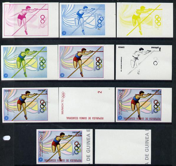 Equatorial Guinea 1972 Munich Olympics (4th series) 2pts (Pole Vault) set of 10 imperf progressive proofs on white paper comprising 5 individual colours, plus various composites, a superb and important group unmounted mint (as Mi 109)