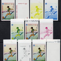 Equatorial Guinea 1972 Munich Olympics (4th series) 3pts (Football) set of 10 imperf progressive proofs on white paper comprising 5 individual colours, plus various composites, a superb and important group unmounted mint (as Mi 110)