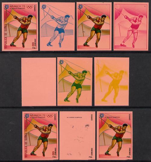 Equatorial Guinea 1972 Munich Olympics (4th series) 8pts (Hammer) set of 10 imperf progressive proofs on pink paper comprising 5 individual colours, plus various composites, a superb and important group unmounted mint (as Mi 112)