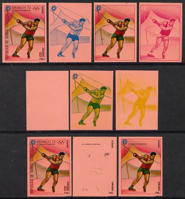 Equatorial Guinea 1972 Munich Olympics (4th series) 8pts (Hammer) set of 10 imperf progressive proofs on pink paper comprising 5 individual colours, plus various composites, a superb and important group unmounted mint (as Mi 112)
