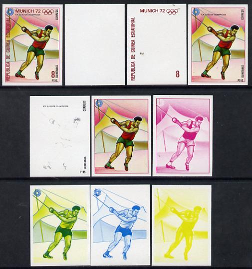 Equatorial Guinea 1972 Munich Olympics (4th series) 8pts (Hammer) set of 10 imperf progressive proofs on white paper comprising 5 individual colours, plus various composites, a superb and important group unmounted mint (as Mi 112)