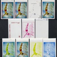 Equatorial Guinea 1972 Munich Olympics (4th series) 15pts (Diving) set of 10 imperf progressive proofs on white paper comprising 5 individual colours, plus various composites, a superb and important group unmounted mint (as Mi 113)