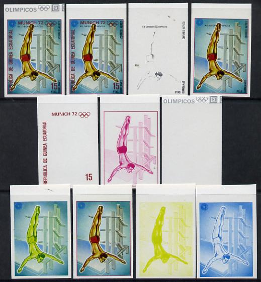 Equatorial Guinea 1972 Munich Olympics (4th series) 15pts (Diving) set of 10 imperf progressive proofs on white paper comprising 5 individual colours, plus various composites, a superb and important group unmounted mint (as Mi 113)
