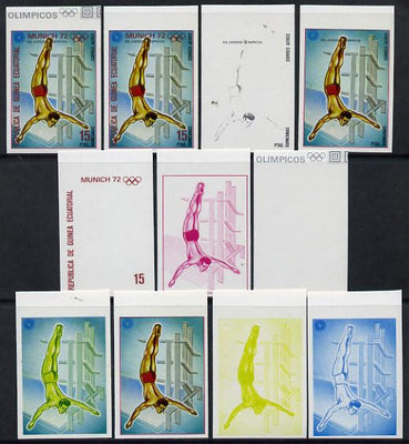 Equatorial Guinea 1972 Munich Olympics (4th series) 15pts (Diving) set of 10 imperf progressive proofs on white paper comprising 5 individual colours, plus various composites, a superb and important group unmounted mint (as Mi 113)