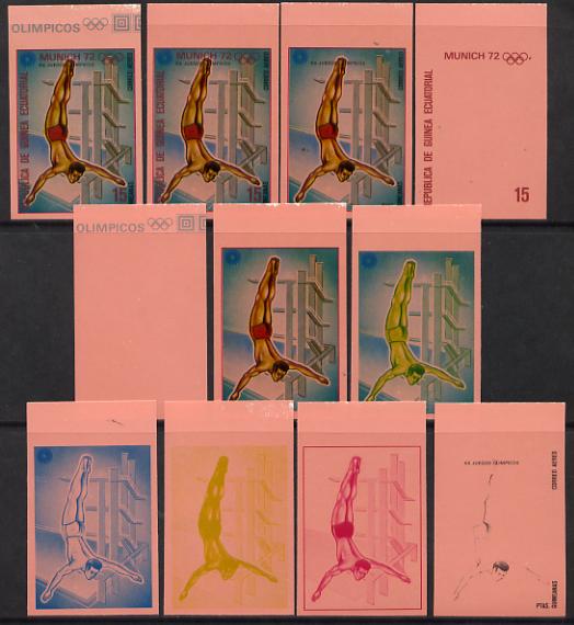 Equatorial Guinea 1972 Munich Olympics (4th series) 15pts (Diving) set of 10 imperf progressive proofs on pink paper comprising 5 individual colours, plus various composites, a superb and important group unmounted mint (as Mi 113)