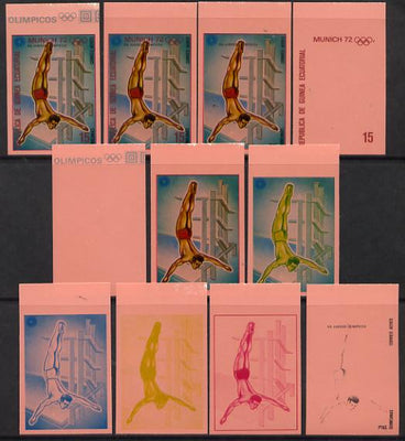 Equatorial Guinea 1972 Munich Olympics (4th series) 15pts (Diving) set of 10 imperf progressive proofs on pink paper comprising 5 individual colours, plus various composites, a superb and important group unmounted mint (as Mi 113)