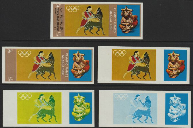 Yemen - Republic 1967 Olympic Games (Greek & Mexican Folklore1/4b set of 5 imperf progressive proofs comprising single colour, 2, 3, 4 and all 5-colour composites, a superb and important group unmounted mint (as Mi 777)