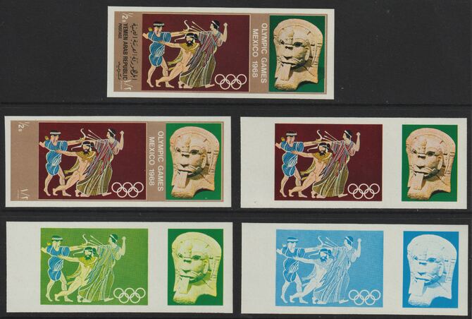 Yemen - Republic 1967 Olympic Games (Greek & Mexican Folklore) 1/2b set of 5 imperf progressive proofs comprising single colour, 2, 3, 4 and all 5-colour composites, a superb and important group unmounted mint (as Mi 779)
