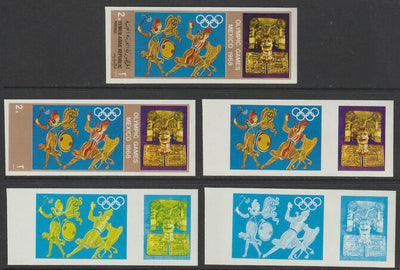 Yemen - Republic 1967 Olympic Games (Greek & Mexican Folklore) 2b set of 5 imperf progressive proofs comprising single colour, 2, 3, 4 and all 5-colour composites, a superb and important group unmounted mint (as Mi 780)