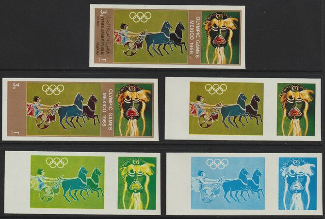Yemen - Republic 1967 Olympic Games (Greek & Mexican Folklore) 3b set of 5 imperf progressive proofs comprising single colour, 2, 3, 4 and all 5-colour composites, a superb and important group unmounted mint (as Mi 781)