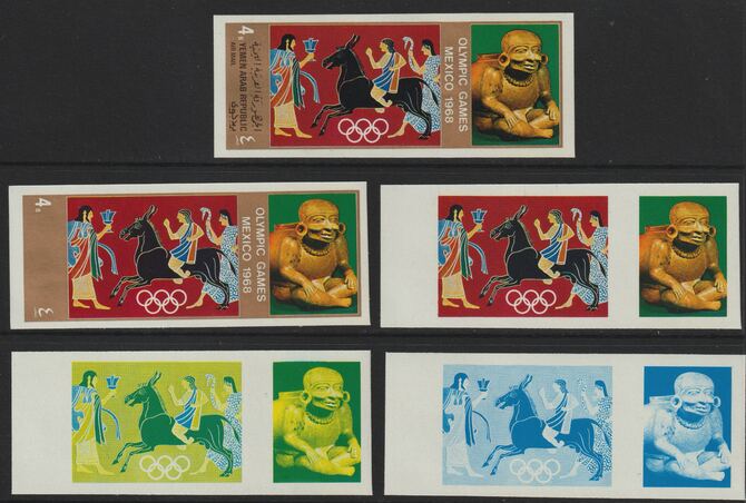 Yemen - Republic 1967 Olympic Games (Greek & Mexican Folklore) 4b set of 5 imperf progressive proofs comprising single colour, 2, 3, 4 and all 5-colour composites, a superb and important group unmounted mint (as Mi 782)